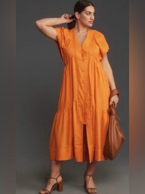 Anthropologie The Reneé Flutter-Sleeve Linen Button-Front Midi Dress in Orange